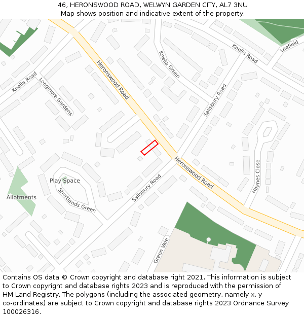 46, HERONSWOOD ROAD, WELWYN GARDEN CITY, AL7 3NU: Location map and indicative extent of plot