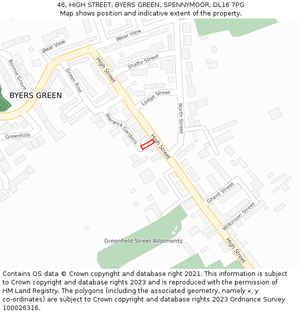 46, HIGH STREET, BYERS GREEN, SPENNYMOOR, DL16 7PG: Location map and indicative extent of plot