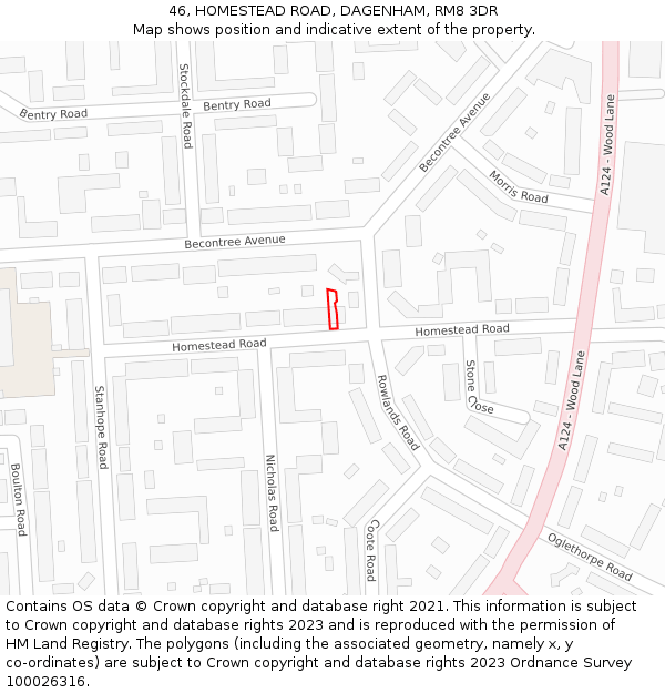 46, HOMESTEAD ROAD, DAGENHAM, RM8 3DR: Location map and indicative extent of plot