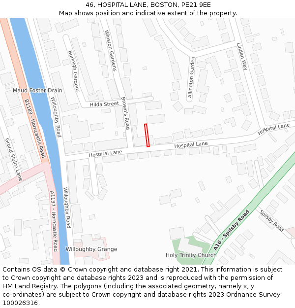 46, HOSPITAL LANE, BOSTON, PE21 9EE: Location map and indicative extent of plot