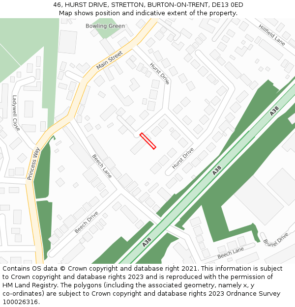 46, HURST DRIVE, STRETTON, BURTON-ON-TRENT, DE13 0ED: Location map and indicative extent of plot