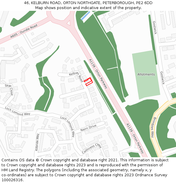 46, KELBURN ROAD, ORTON NORTHGATE, PETERBOROUGH, PE2 6DD: Location map and indicative extent of plot