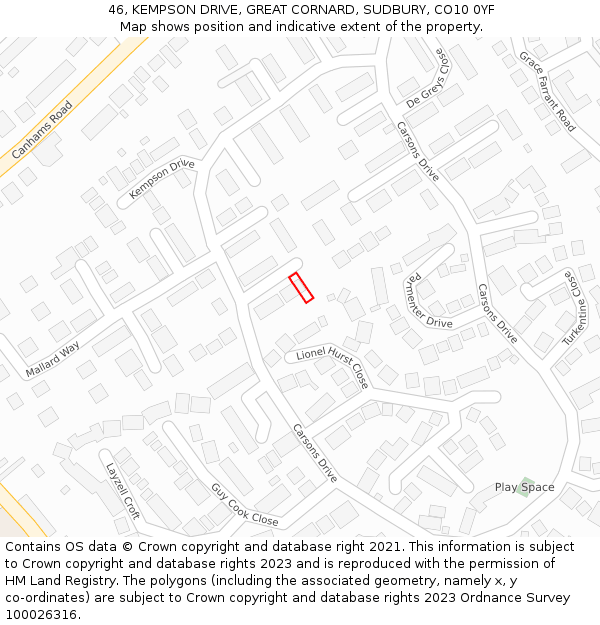 46, KEMPSON DRIVE, GREAT CORNARD, SUDBURY, CO10 0YF: Location map and indicative extent of plot