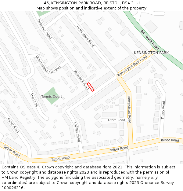 46, KENSINGTON PARK ROAD, BRISTOL, BS4 3HU: Location map and indicative extent of plot