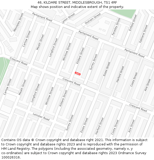 46, KILDARE STREET, MIDDLESBROUGH, TS1 4RF: Location map and indicative extent of plot
