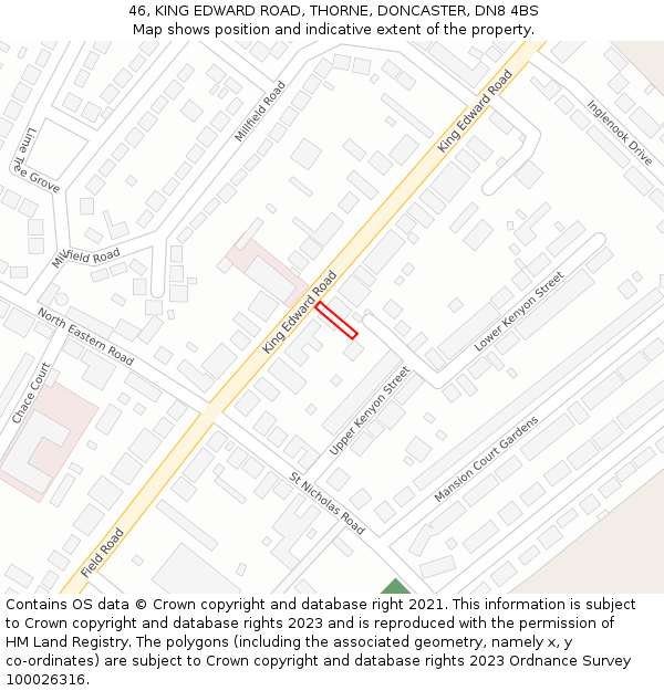46, KING EDWARD ROAD, THORNE, DONCASTER, DN8 4BS: Location map and indicative extent of plot
