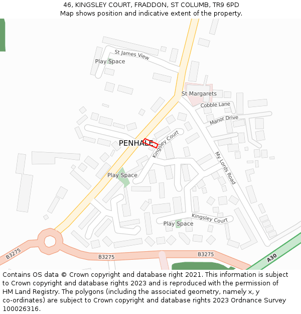 46, KINGSLEY COURT, FRADDON, ST COLUMB, TR9 6PD: Location map and indicative extent of plot