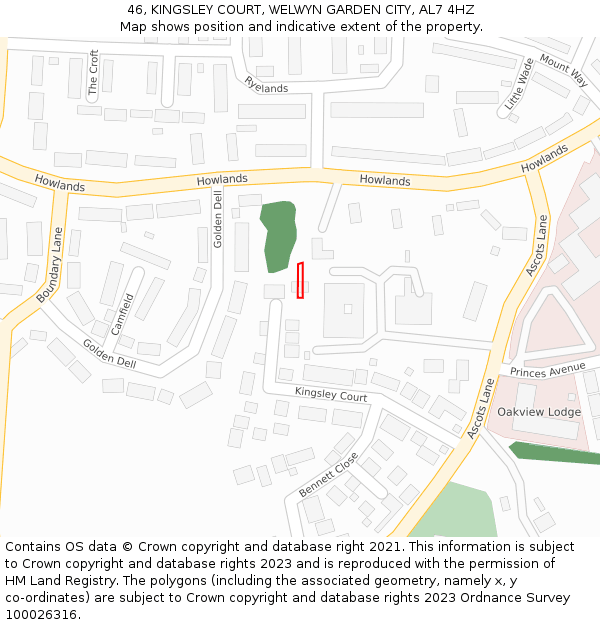 46, KINGSLEY COURT, WELWYN GARDEN CITY, AL7 4HZ: Location map and indicative extent of plot