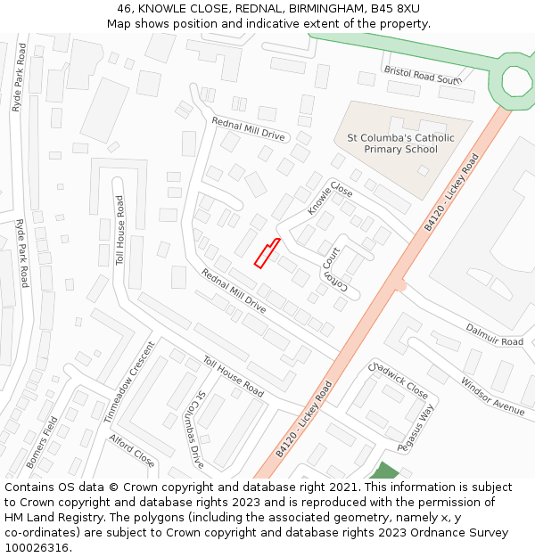 46, KNOWLE CLOSE, REDNAL, BIRMINGHAM, B45 8XU: Location map and indicative extent of plot
