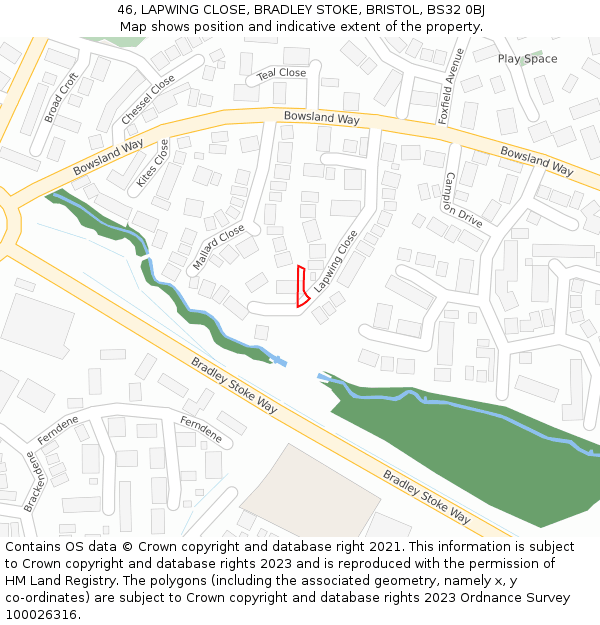 46, LAPWING CLOSE, BRADLEY STOKE, BRISTOL, BS32 0BJ: Location map and indicative extent of plot