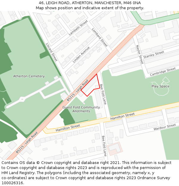 46, LEIGH ROAD, ATHERTON, MANCHESTER, M46 0NA: Location map and indicative extent of plot