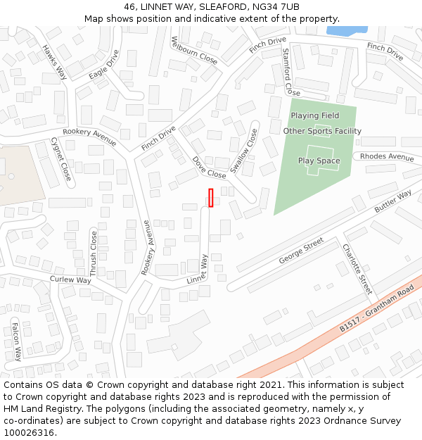 46, LINNET WAY, SLEAFORD, NG34 7UB: Location map and indicative extent of plot