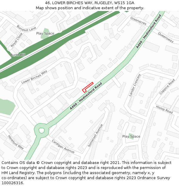 46, LOWER BIRCHES WAY, RUGELEY, WS15 1GA: Location map and indicative extent of plot