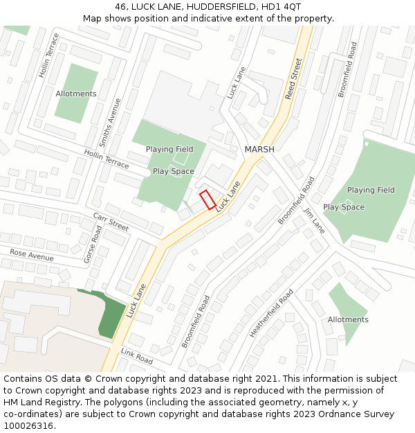 46, LUCK LANE, HUDDERSFIELD, HD1 4QT: Location map and indicative extent of plot