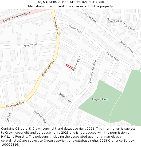 46, MALVERN CLOSE, MELKSHAM, SN12 7RR: Location map and indicative extent of plot