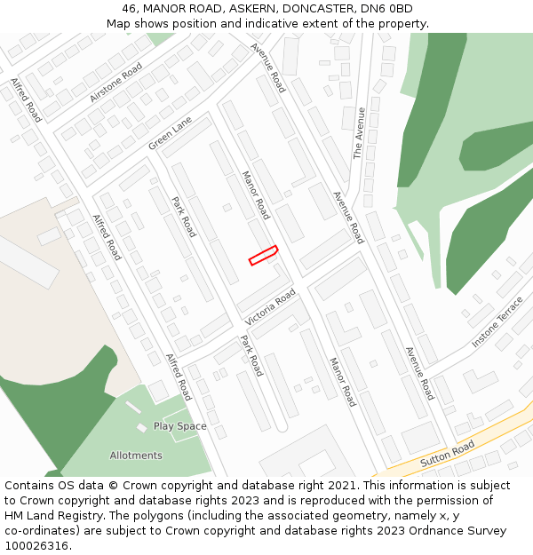 46, MANOR ROAD, ASKERN, DONCASTER, DN6 0BD: Location map and indicative extent of plot
