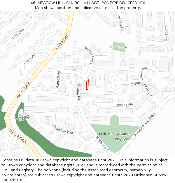46, MEADOW HILL, CHURCH VILLAGE, PONTYPRIDD, CF38 1RX: Location map and indicative extent of plot
