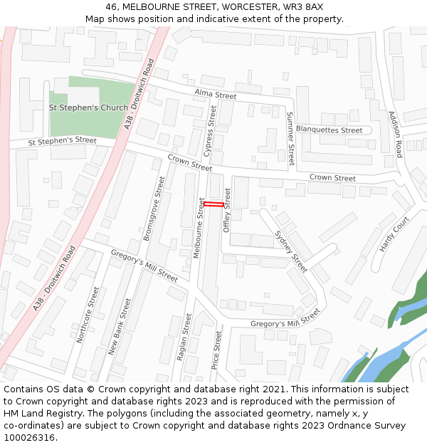 46, MELBOURNE STREET, WORCESTER, WR3 8AX: Location map and indicative extent of plot