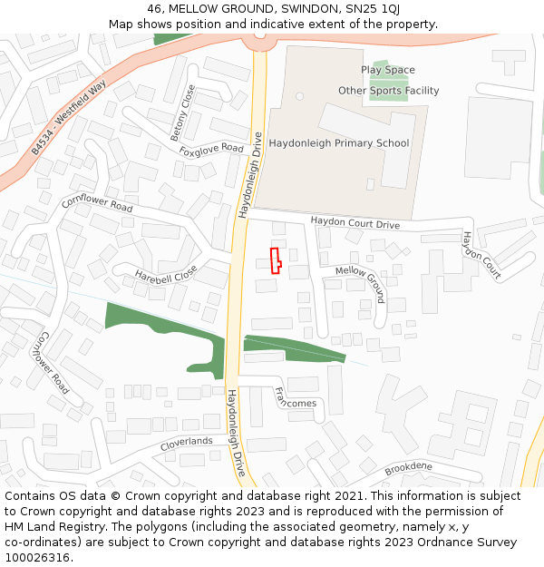 46, MELLOW GROUND, SWINDON, SN25 1QJ: Location map and indicative extent of plot