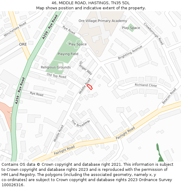46, MIDDLE ROAD, HASTINGS, TN35 5DL: Location map and indicative extent of plot