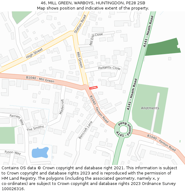 46, MILL GREEN, WARBOYS, HUNTINGDON, PE28 2SB: Location map and indicative extent of plot