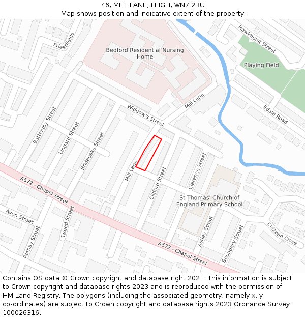 46, MILL LANE, LEIGH, WN7 2BU: Location map and indicative extent of plot