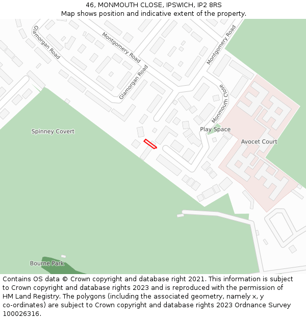 46, MONMOUTH CLOSE, IPSWICH, IP2 8RS: Location map and indicative extent of plot
