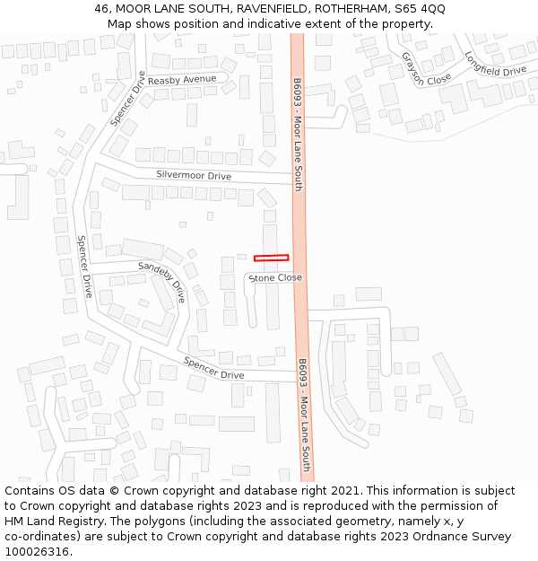 46, MOOR LANE SOUTH, RAVENFIELD, ROTHERHAM, S65 4QQ: Location map and indicative extent of plot