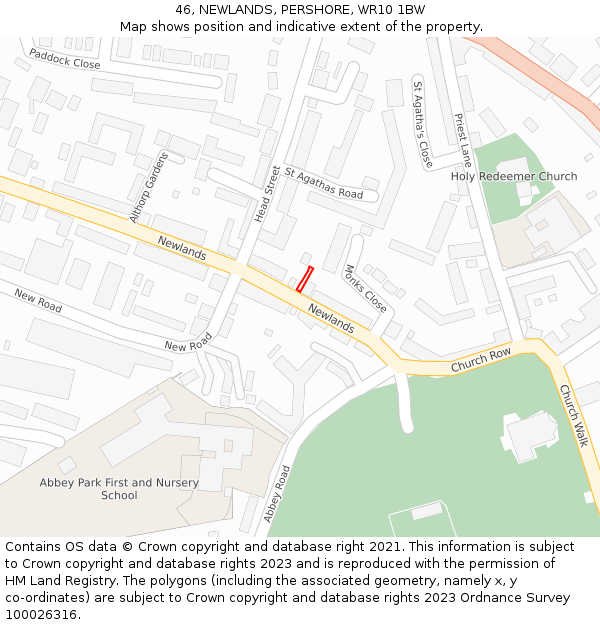 46, NEWLANDS, PERSHORE, WR10 1BW: Location map and indicative extent of plot