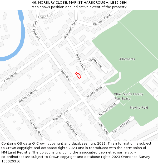 46, NORBURY CLOSE, MARKET HARBOROUGH, LE16 9BH: Location map and indicative extent of plot