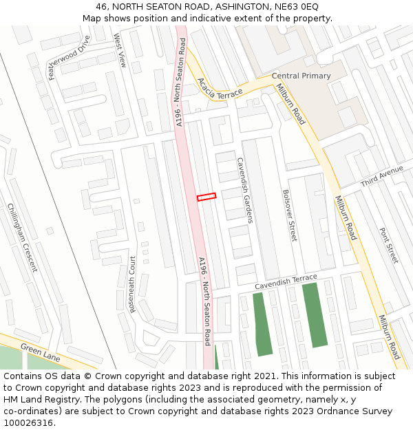 46, NORTH SEATON ROAD, ASHINGTON, NE63 0EQ: Location map and indicative extent of plot