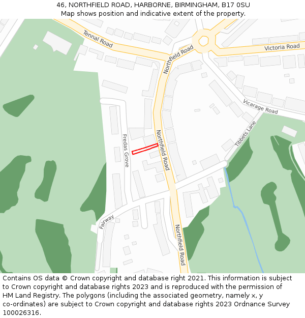 46, NORTHFIELD ROAD, HARBORNE, BIRMINGHAM, B17 0SU: Location map and indicative extent of plot