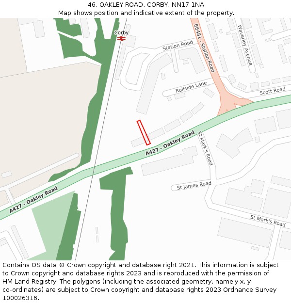 46, OAKLEY ROAD, CORBY, NN17 1NA: Location map and indicative extent of plot