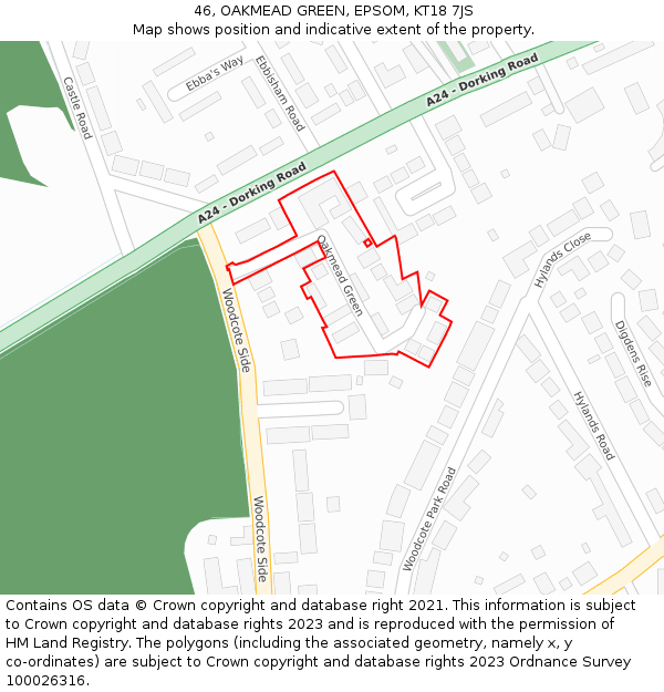 46, OAKMEAD GREEN, EPSOM, KT18 7JS: Location map and indicative extent of plot