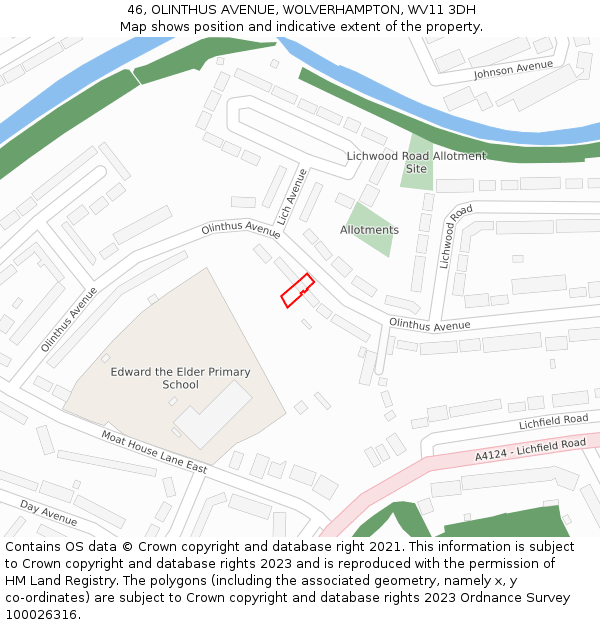 46, OLINTHUS AVENUE, WOLVERHAMPTON, WV11 3DH: Location map and indicative extent of plot