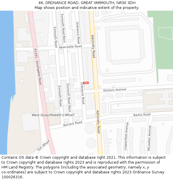 46, ORDNANCE ROAD, GREAT YARMOUTH, NR30 3DH: Location map and indicative extent of plot