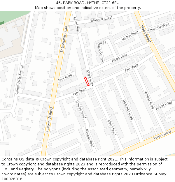 46, PARK ROAD, HYTHE, CT21 6EU: Location map and indicative extent of plot