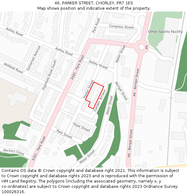 46, PARKER STREET, CHORLEY, PR7 1ES: Location map and indicative extent of plot