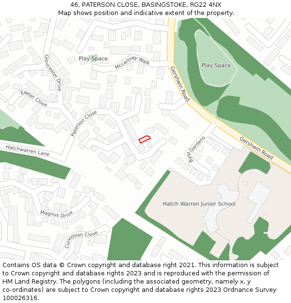 46, PATERSON CLOSE, BASINGSTOKE, RG22 4NX: Location map and indicative extent of plot