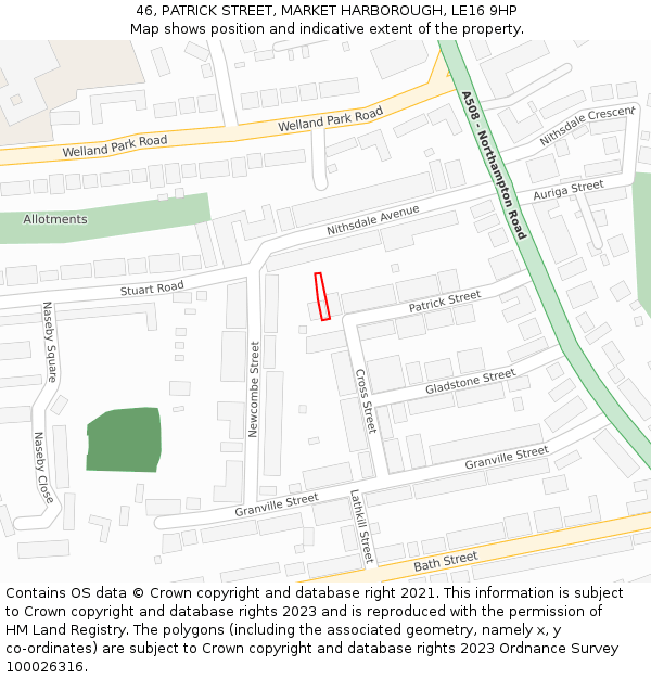 46, PATRICK STREET, MARKET HARBOROUGH, LE16 9HP: Location map and indicative extent of plot