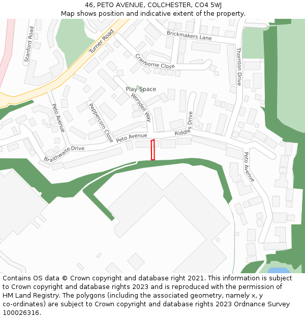 46, PETO AVENUE, COLCHESTER, CO4 5WJ: Location map and indicative extent of plot