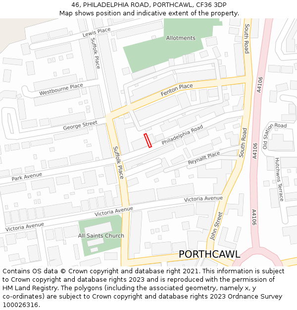46, PHILADELPHIA ROAD, PORTHCAWL, CF36 3DP: Location map and indicative extent of plot