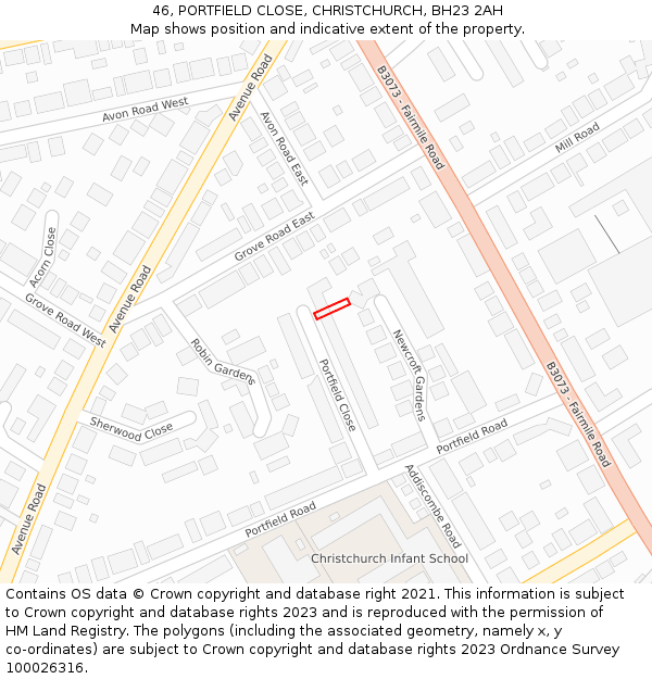 46, PORTFIELD CLOSE, CHRISTCHURCH, BH23 2AH: Location map and indicative extent of plot