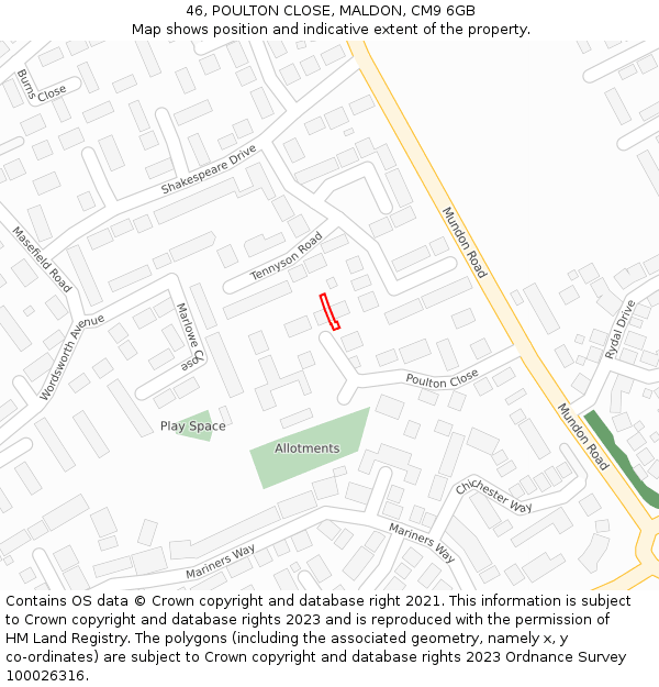 46, POULTON CLOSE, MALDON, CM9 6GB: Location map and indicative extent of plot