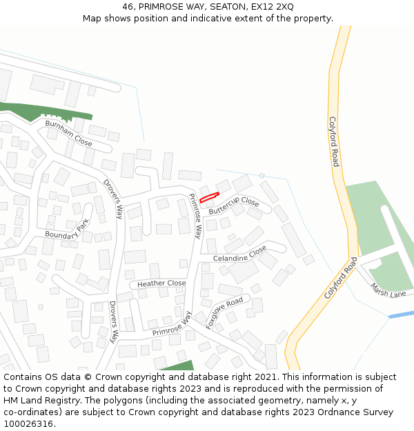 46, PRIMROSE WAY, SEATON, EX12 2XQ: Location map and indicative extent of plot