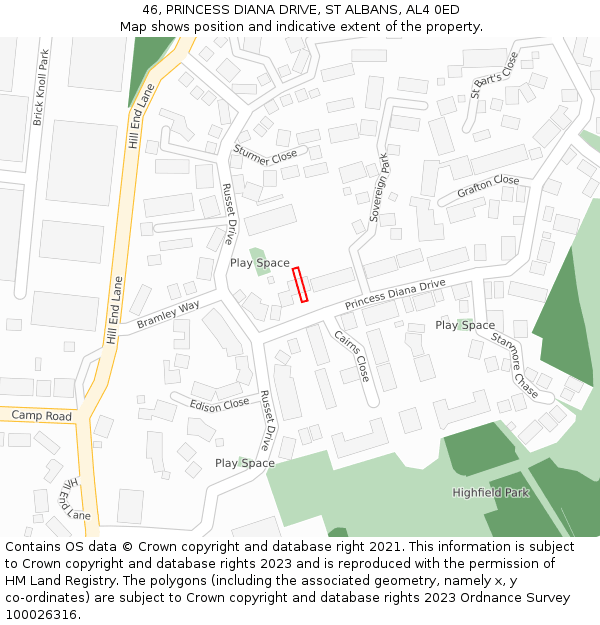 46, PRINCESS DIANA DRIVE, ST ALBANS, AL4 0ED: Location map and indicative extent of plot