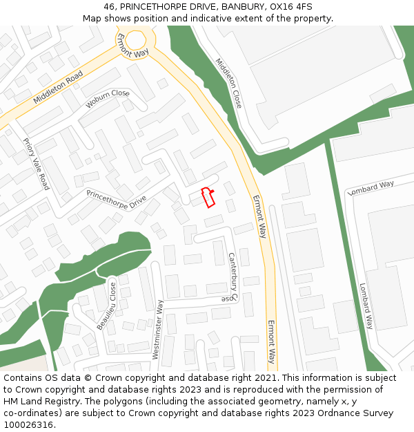 46, PRINCETHORPE DRIVE, BANBURY, OX16 4FS: Location map and indicative extent of plot