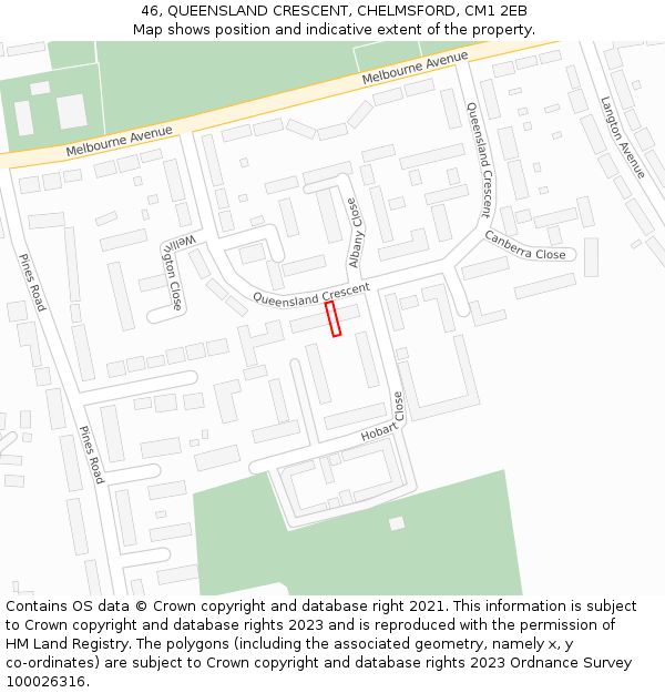 46, QUEENSLAND CRESCENT, CHELMSFORD, CM1 2EB: Location map and indicative extent of plot