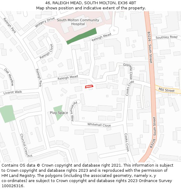 46, RALEIGH MEAD, SOUTH MOLTON, EX36 4BT: Location map and indicative extent of plot