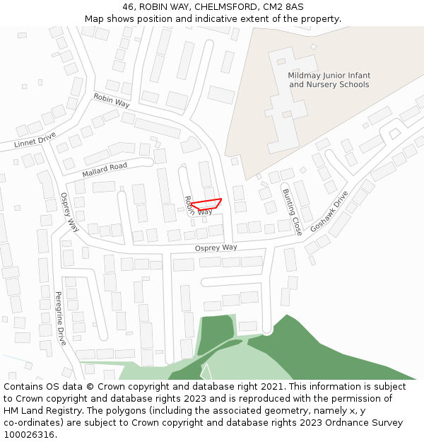 46, ROBIN WAY, CHELMSFORD, CM2 8AS: Location map and indicative extent of plot